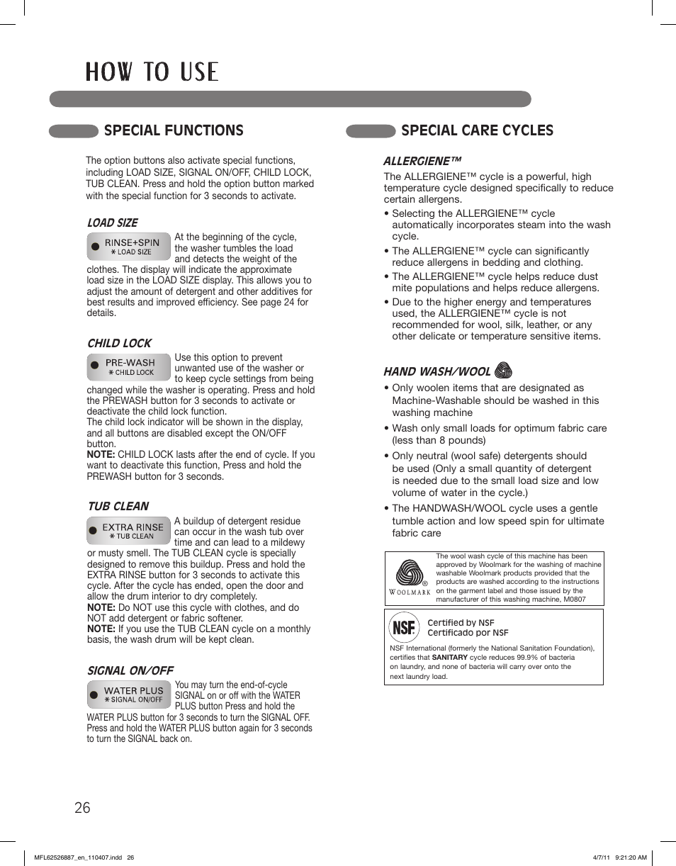 H o w to u s e, Special functions, Special care cycles | LG WM2450HRA User Manual | Page 26 / 72
