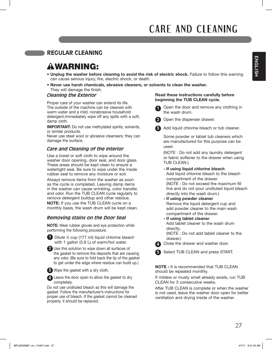 Wwarning, Regular cleaning | LG WM2450HRA User Manual | Page 27 / 72