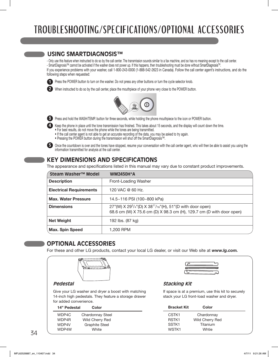 Optional accessories, Key dimensions and specifications, Using smartdiagnosis | LG WM2450HRA User Manual | Page 34 / 72