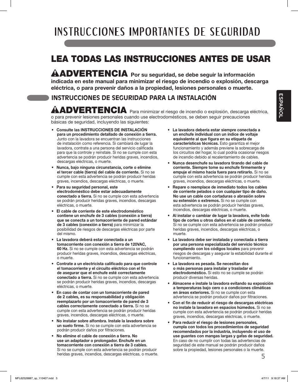 Wadvertencia, Instrucciones de seguridad para la instalación | LG WM2450HRA User Manual | Page 41 / 72