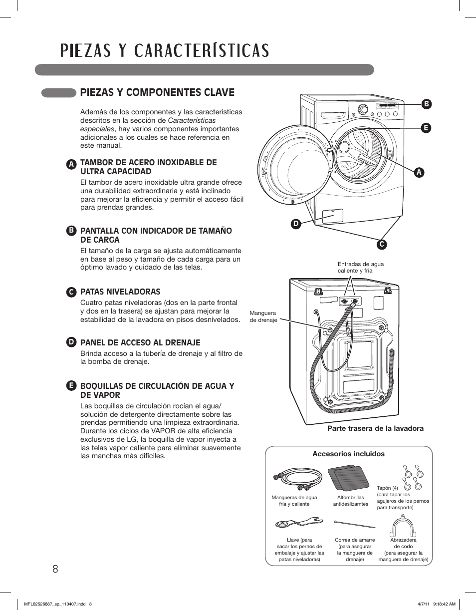 Piezas y componentes clave | LG WM2450HRA User Manual | Page 44 / 72