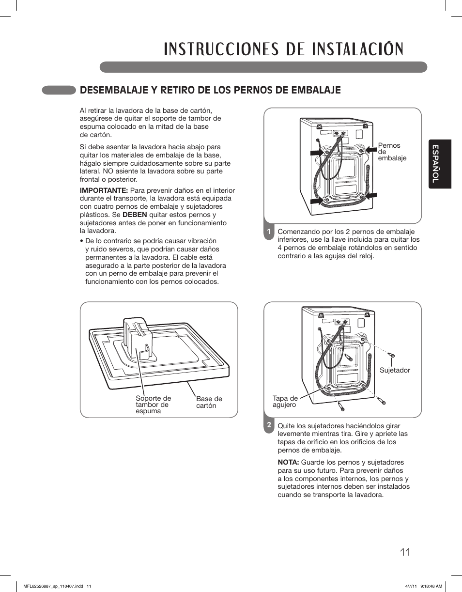 Desembalaje y retiro de los pernos de embalaje | LG WM2450HRA User Manual | Page 47 / 72