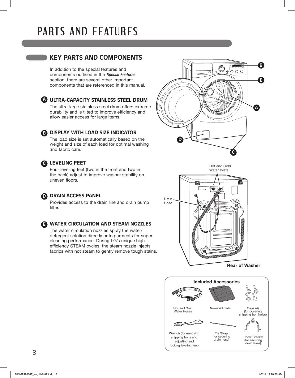 Key parts and components | LG WM2450HRA User Manual | Page 8 / 72