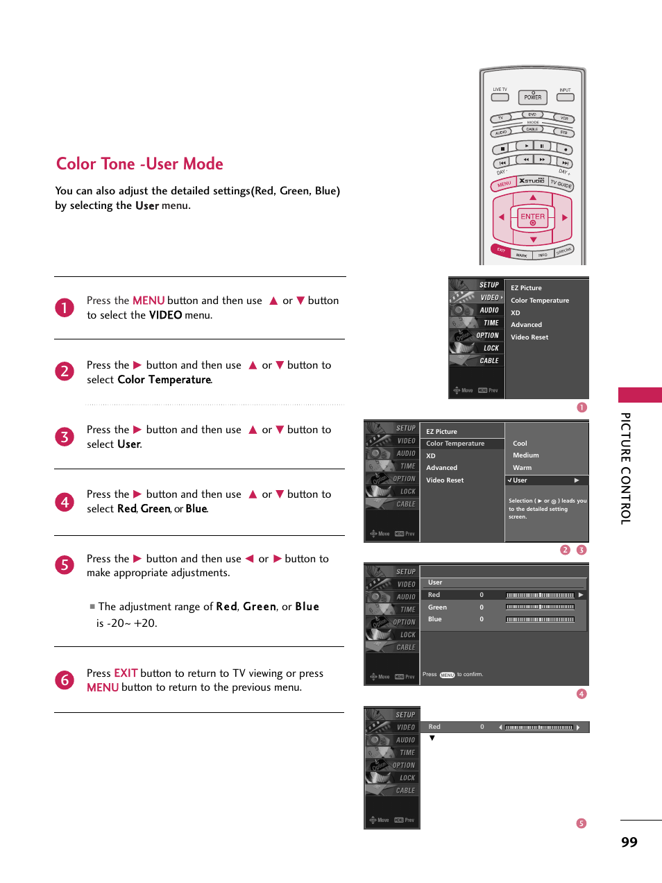 Color tone -user mode, Picture contr ol | LG 60PB4D User Manual | Page 100 / 152