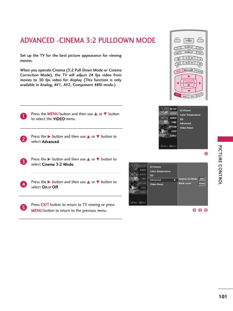 Advanced -cinema 3:2 pulldown mode, Picture contr ol | LG 60PB4D User Manual | Page 102 / 152