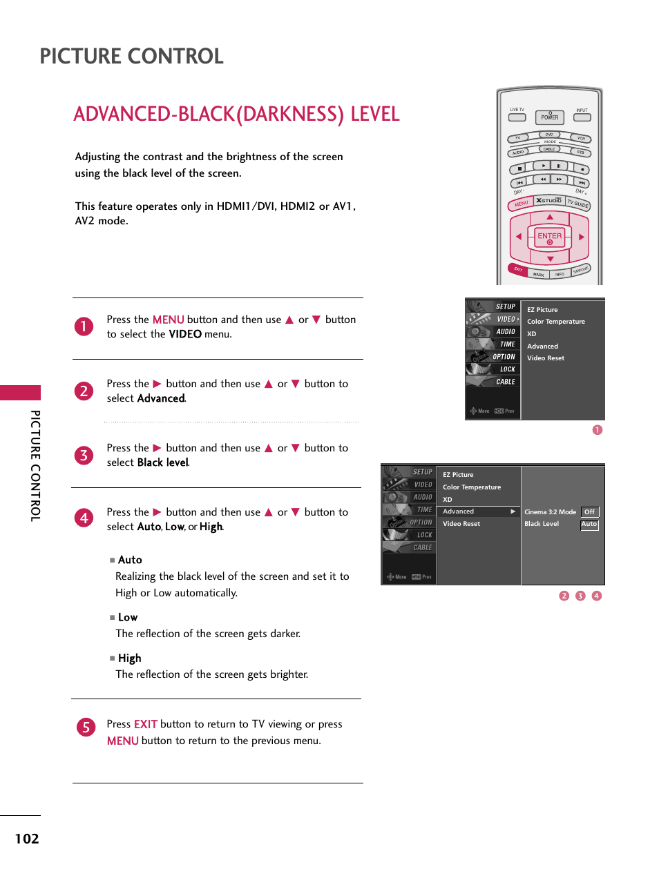 Advanced-black(darkness) level, Picture control, Picture contr ol | LG 60PB4D User Manual | Page 103 / 152