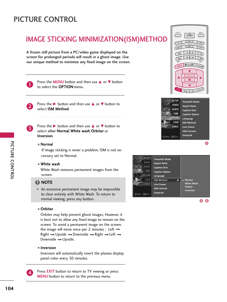 Image sticking minimization(ism)method, Picture control, Picture contr ol | LG 60PB4D User Manual | Page 105 / 152
