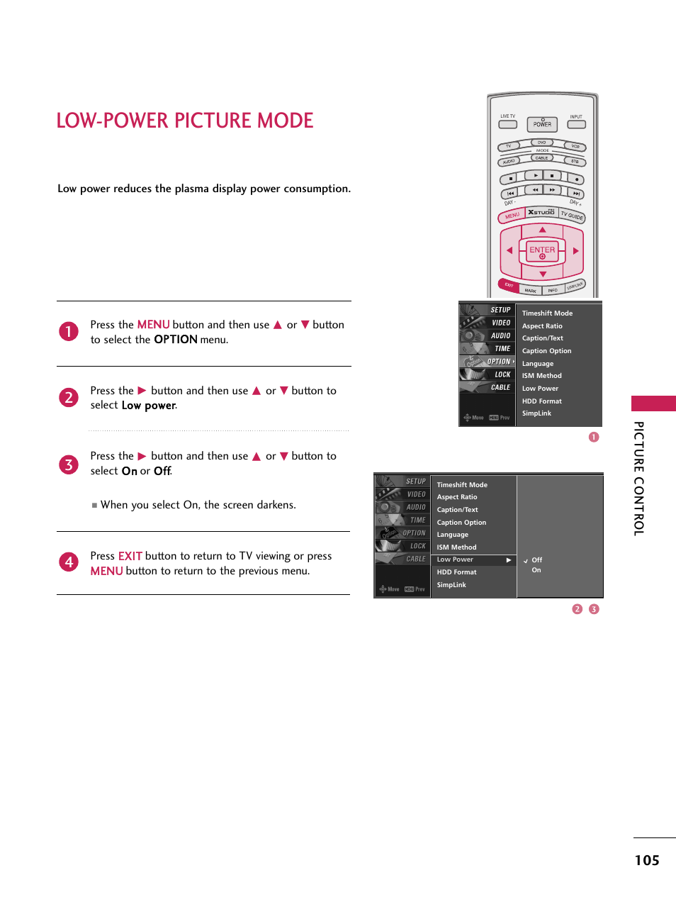 Low-power picture mode, Picture contr ol | LG 60PB4D User Manual | Page 106 / 152