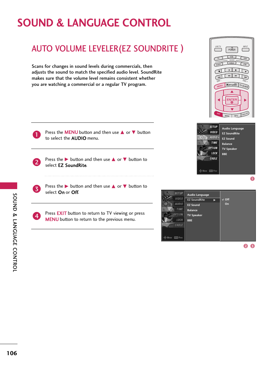 Sound & language control, Auto volume leveler(ez soundrite), Auto volume leveler(ez soundrite ) | Sound & langu a ge contr ol | LG 60PB4D User Manual | Page 107 / 152
