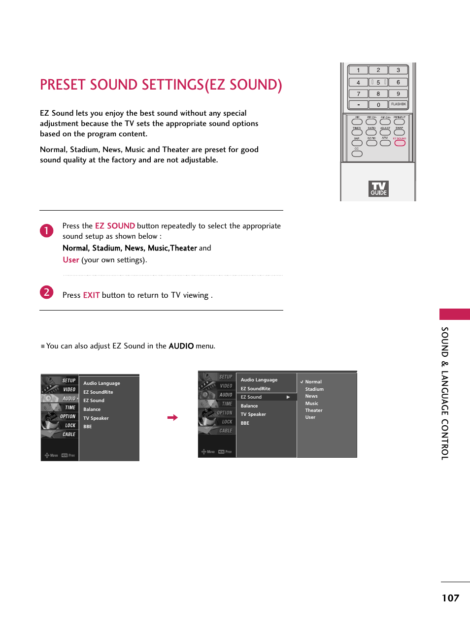Preset sound settings(ez sound), Sound & langu a ge contr ol, Press | Button to return to tv viewing | LG 60PB4D User Manual | Page 108 / 152