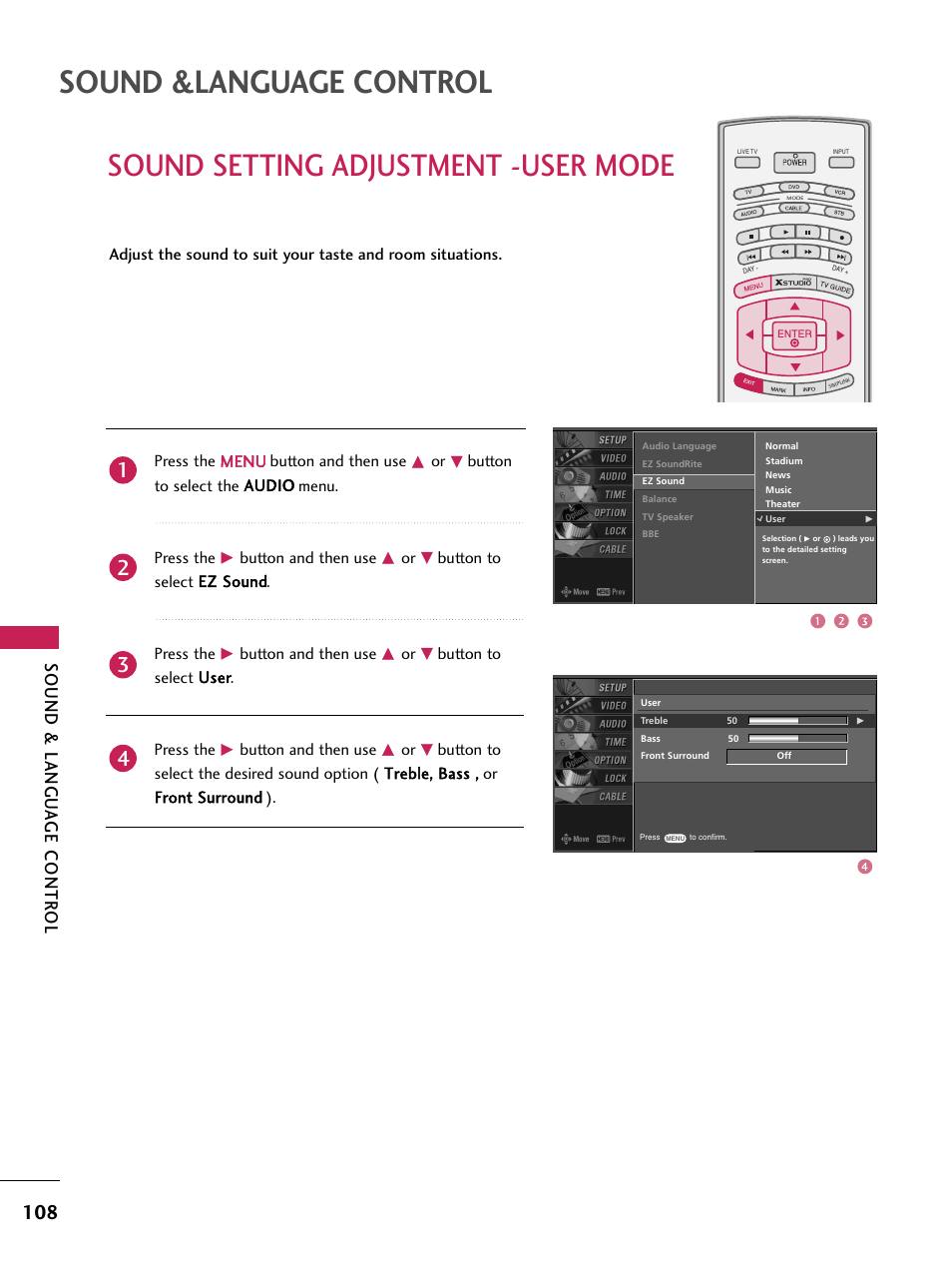 Sound setting adjustment -user mode, Sound &language control, Sound & langu a ge contr ol | LG 60PB4D User Manual | Page 109 / 152