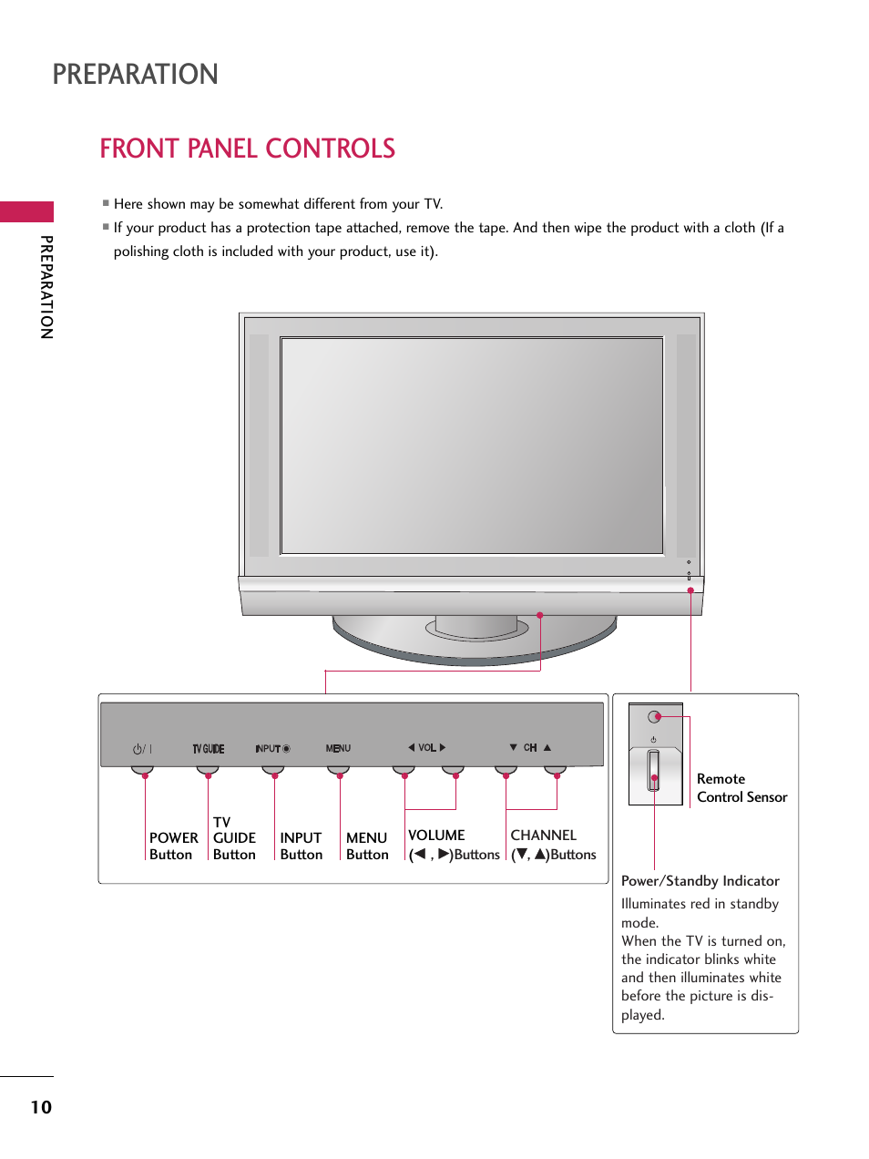 Front panel controls, Preparation | LG 60PB4D User Manual | Page 11 / 152