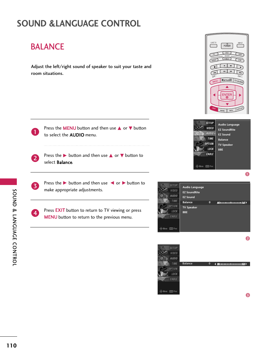 Balance, Sound &language control, Sound & langu a ge contr ol | LG 60PB4D User Manual | Page 111 / 152
