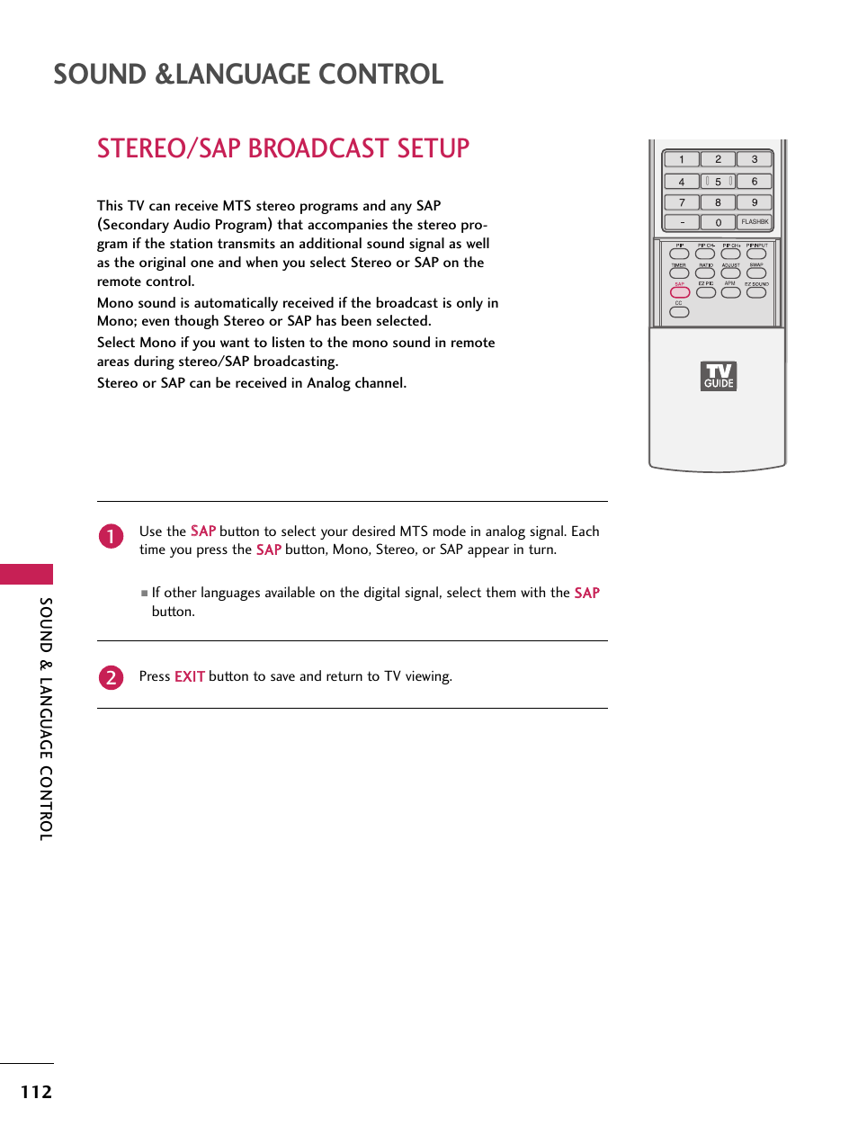 Stereo/sap broadcast setup, Sound &language control | LG 60PB4D User Manual | Page 113 / 152
