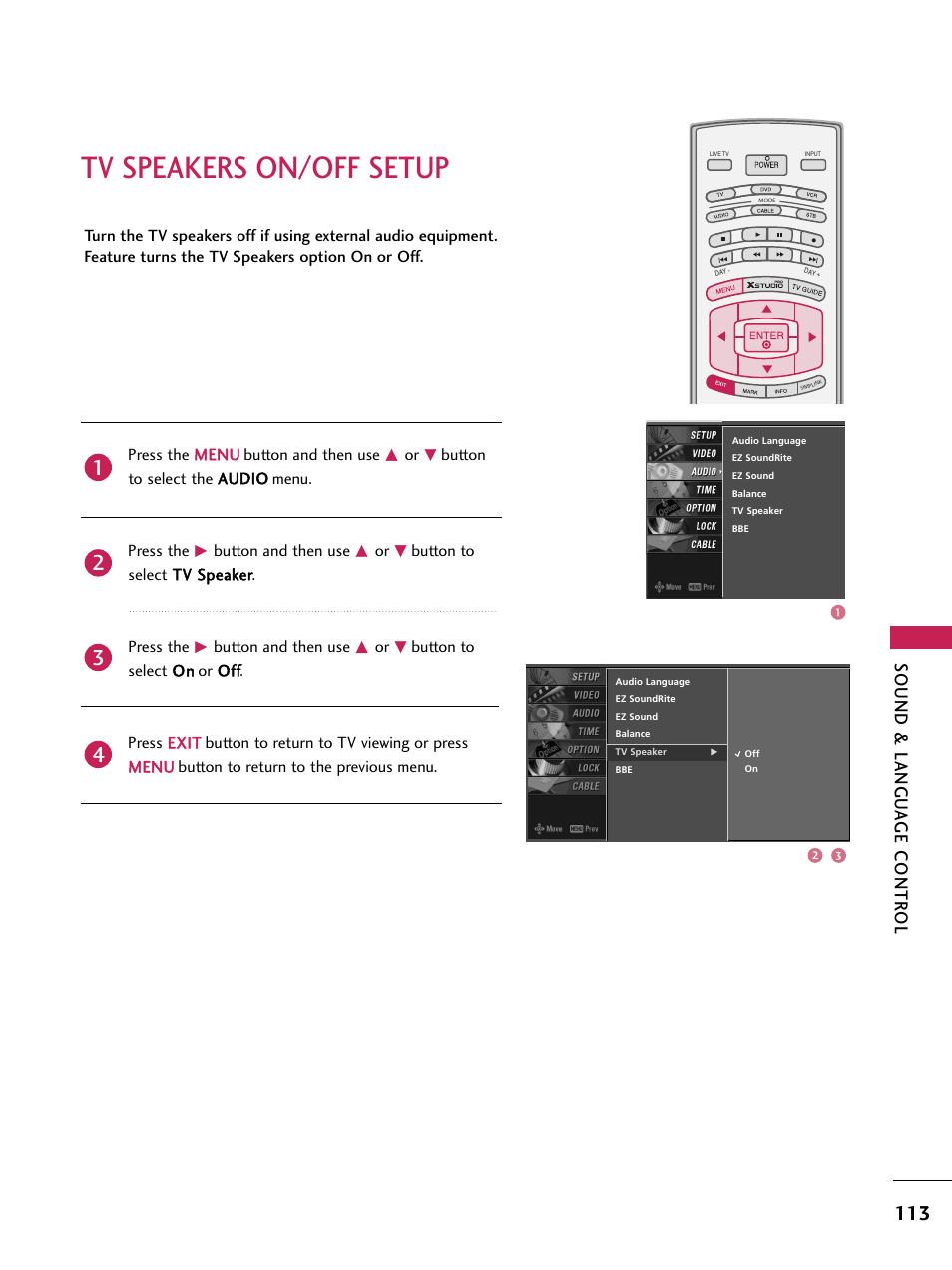 Tv speakers on/off setup, Sound & langu a ge contr ol | LG 60PB4D User Manual | Page 114 / 152