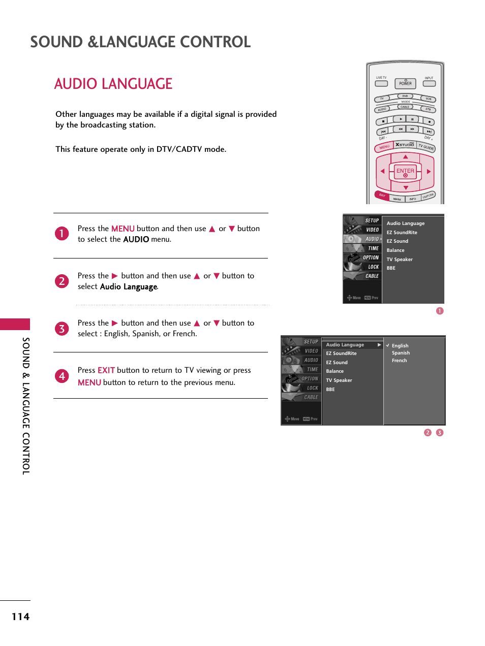 Audio language, Sound &language control, Sound & langu a ge contr ol | LG 60PB4D User Manual | Page 115 / 152