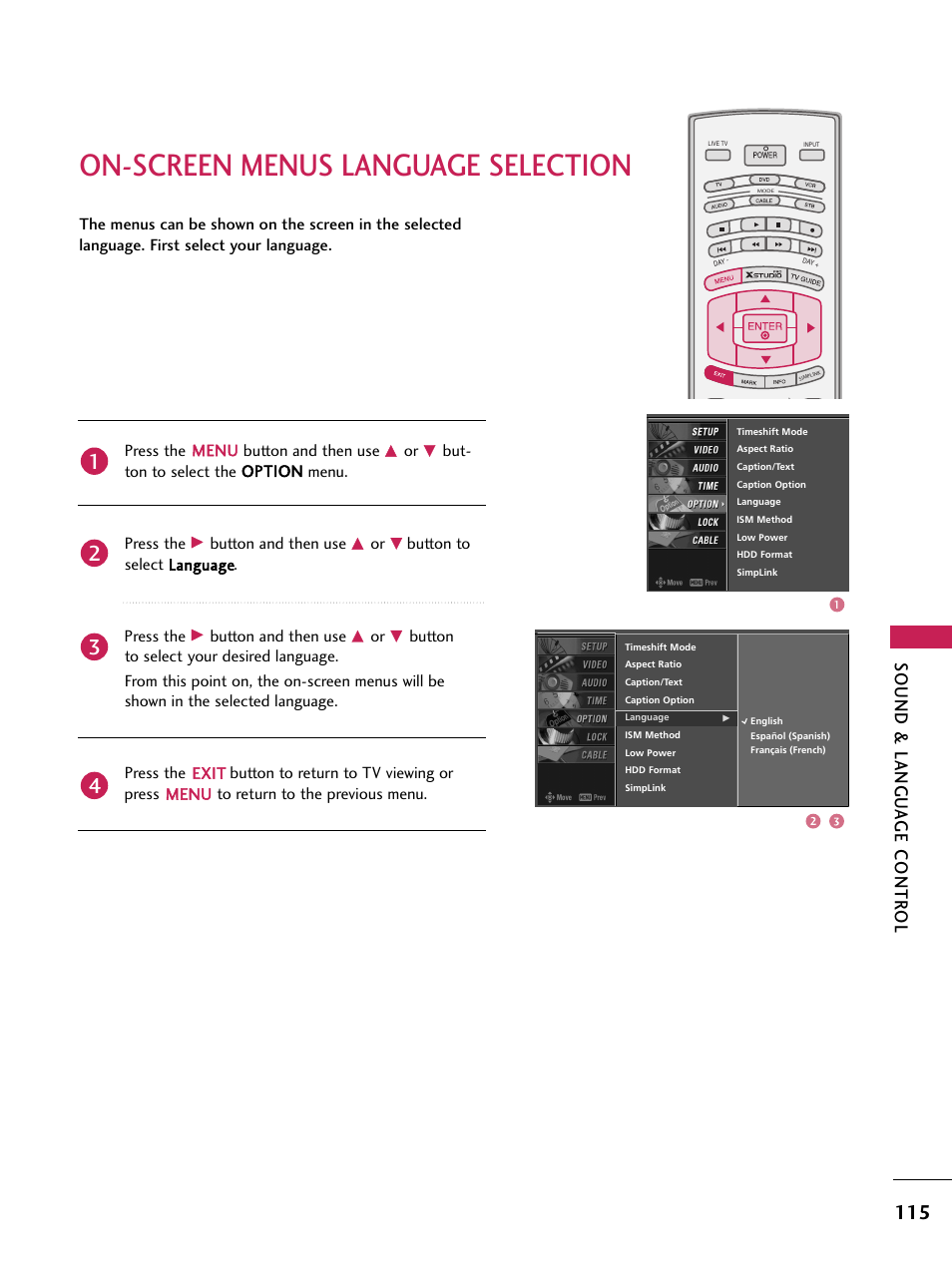 On-screen menus language selection, Sound & langu a ge contr ol | LG 60PB4D User Manual | Page 116 / 152