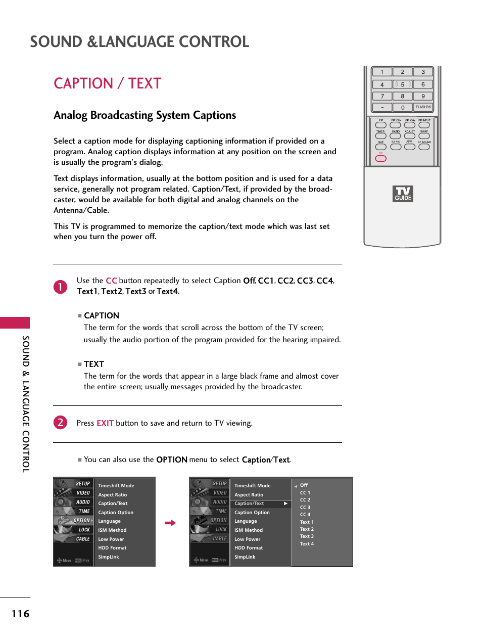 Caption / text, Analog broadcasting system captions, Sound &language control | Sound & langu a ge contr ol | LG 60PB4D User Manual | Page 117 / 152
