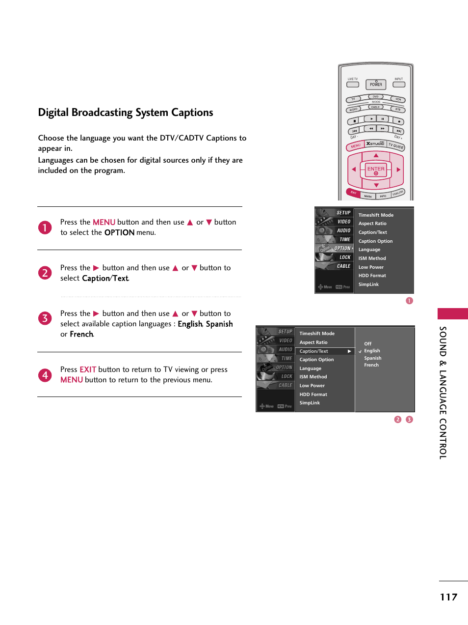 Digital broadcasting system captions, Sound & langu a ge contr ol | LG 60PB4D User Manual | Page 118 / 152