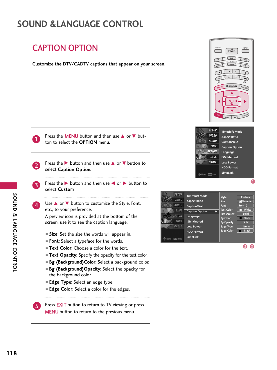 Caption option, Sound &language control, Sound & langu a ge contr ol | LG 60PB4D User Manual | Page 119 / 152