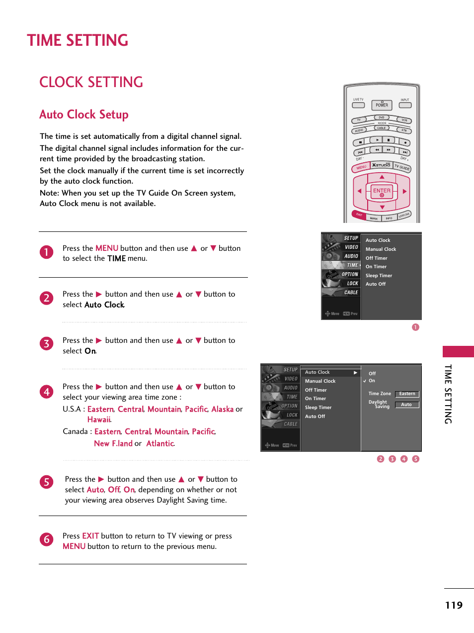 Time setting, Clock setting, Auto clock setup | LG 60PB4D User Manual | Page 120 / 152