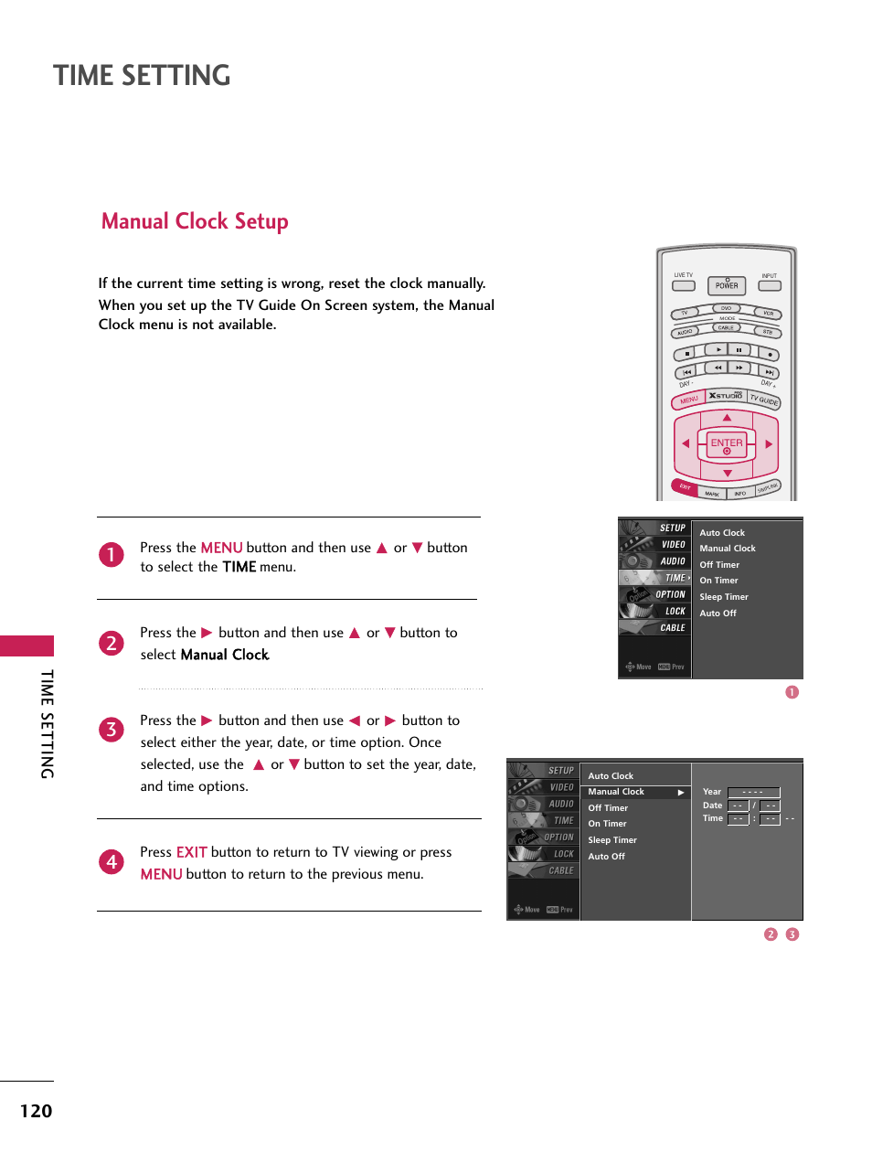 Manual clock setup, Time setting | LG 60PB4D User Manual | Page 121 / 152