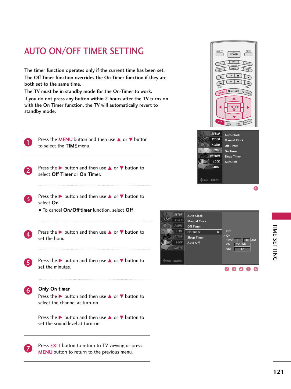 Auto on/off timer setting, Time setting | LG 60PB4D User Manual | Page 122 / 152