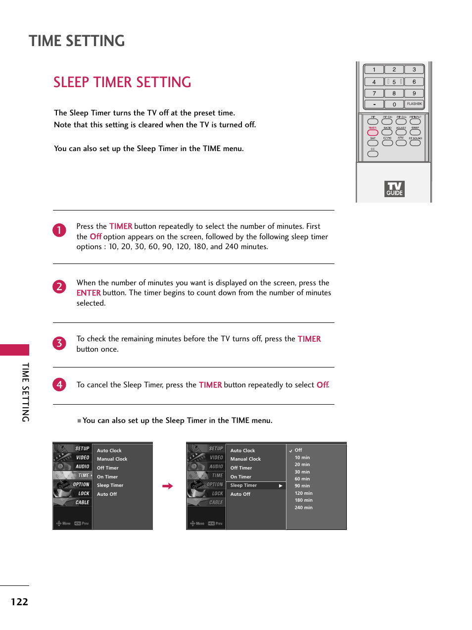 Sleep timer setting, Time setting | LG 60PB4D User Manual | Page 123 / 152