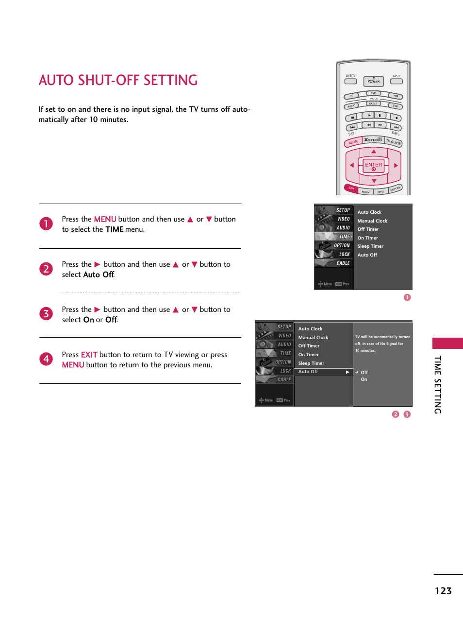 Auto shut-off setting, Time setting | LG 60PB4D User Manual | Page 124 / 152