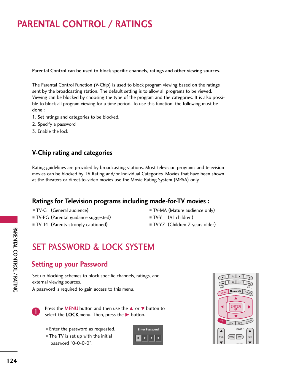 Parental control / ratings, Set password & lock system, Setting up your password | V-chip rating and categories, Parent al contr ol / r ating | LG 60PB4D User Manual | Page 125 / 152