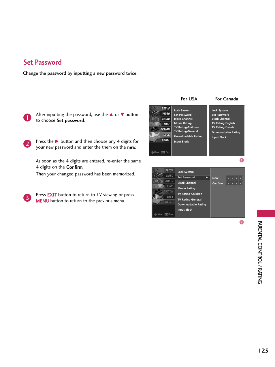 Set password, Parent al contr ol / r ating | LG 60PB4D User Manual | Page 126 / 152