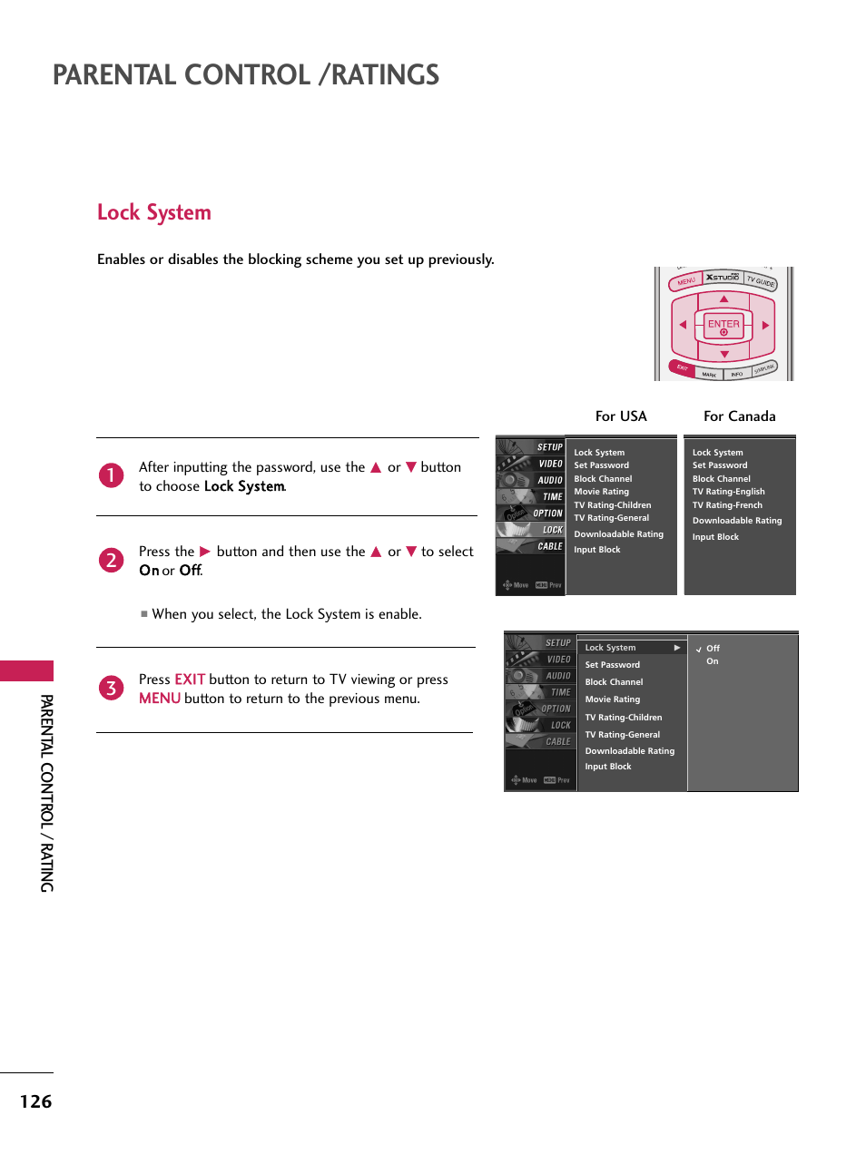 Lock system, Parental control /ratings, Parent al contr ol / r ating | LG 60PB4D User Manual | Page 127 / 152