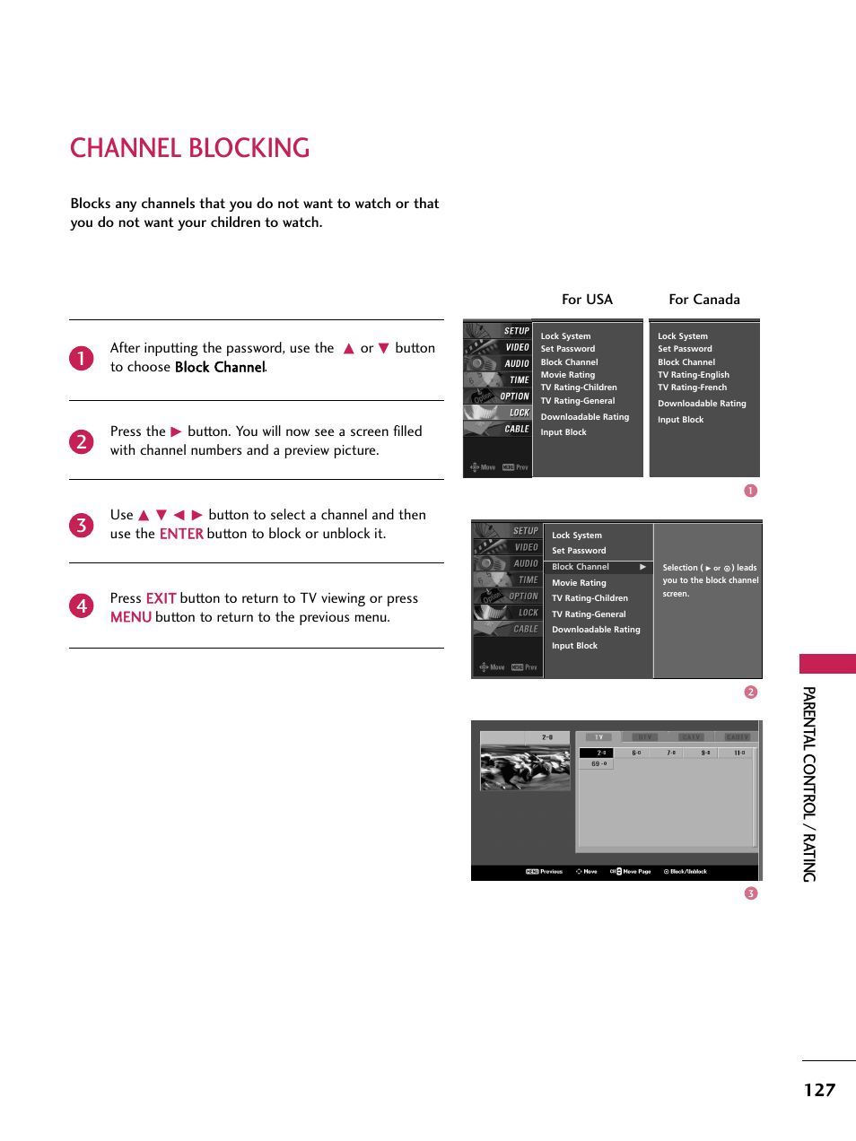 Channel blocking, Parent al contr ol / r ating | LG 60PB4D User Manual | Page 128 / 152
