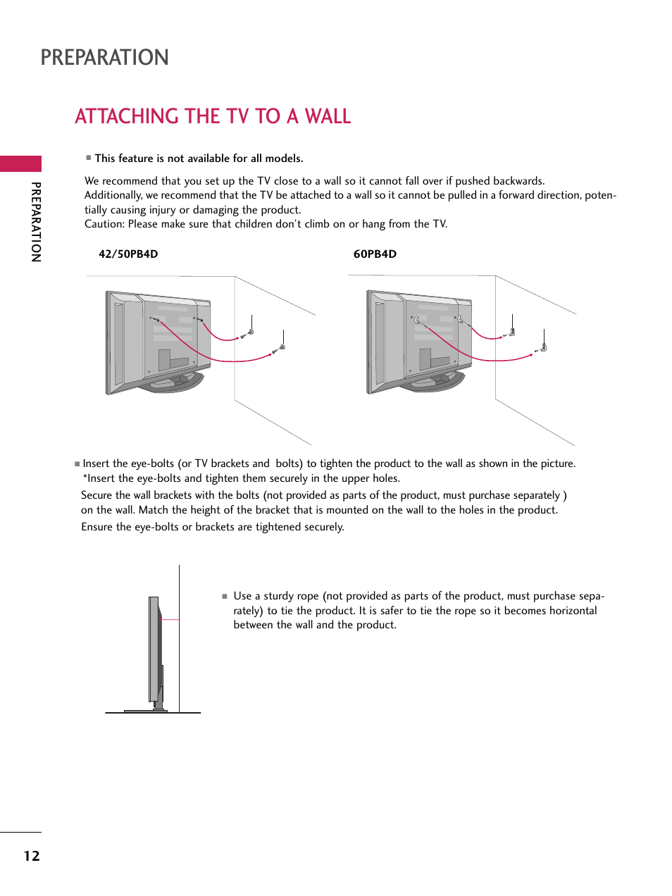 Attaching the tv to a wall, Preparation | LG 60PB4D User Manual | Page 13 / 152