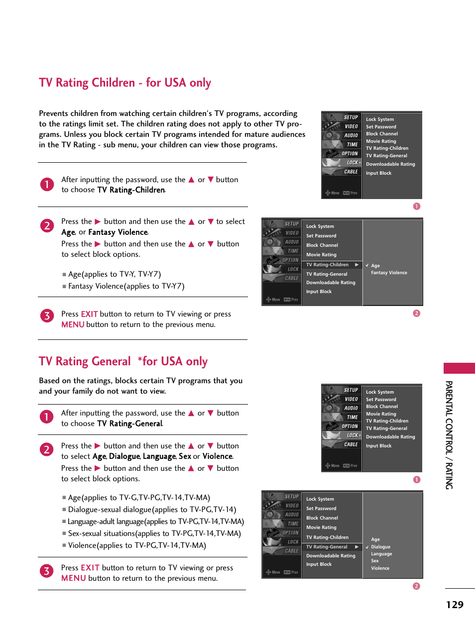 Tv rating children - for usa only, Tv rating general *for usa only, Parent al contr ol / r ating | LG 60PB4D User Manual | Page 130 / 152