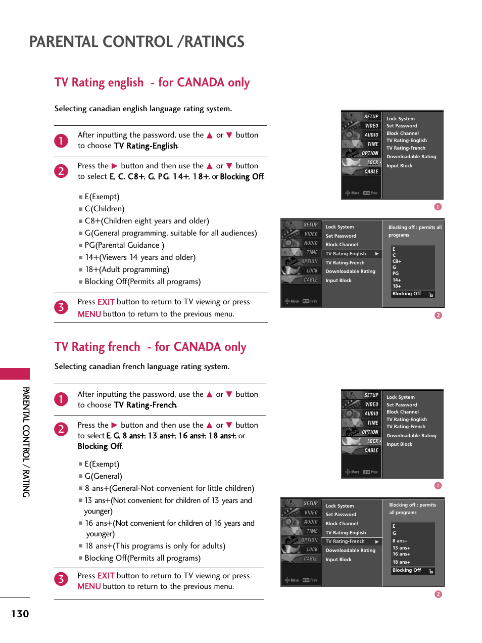 Tv rating english - for canada only, Tv rating french - for canada only, Parental control /ratings | Parent al contr ol / r ating | LG 60PB4D User Manual | Page 131 / 152