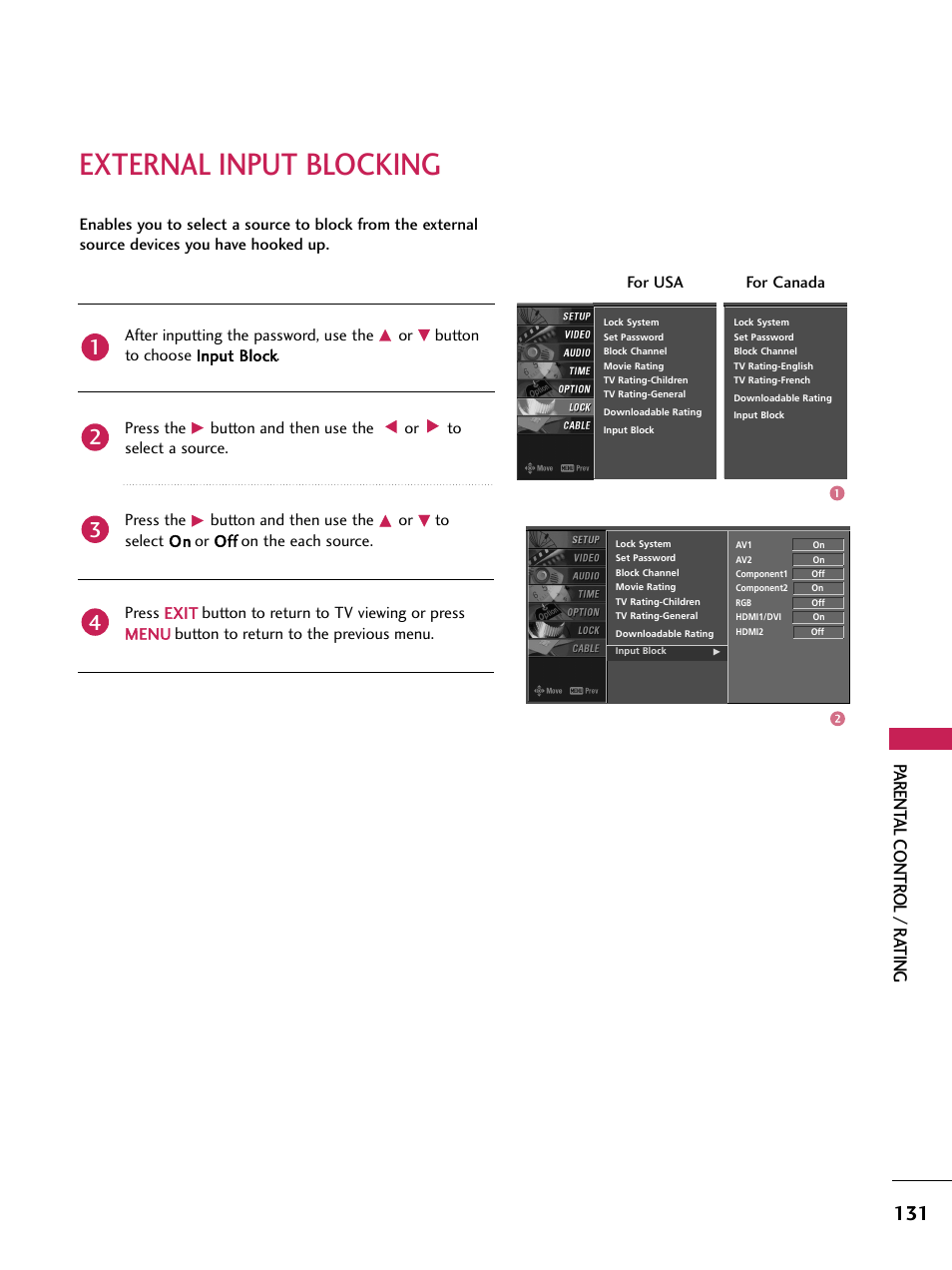 External input blocking, Parent al contr ol / r ating | LG 60PB4D User Manual | Page 132 / 152