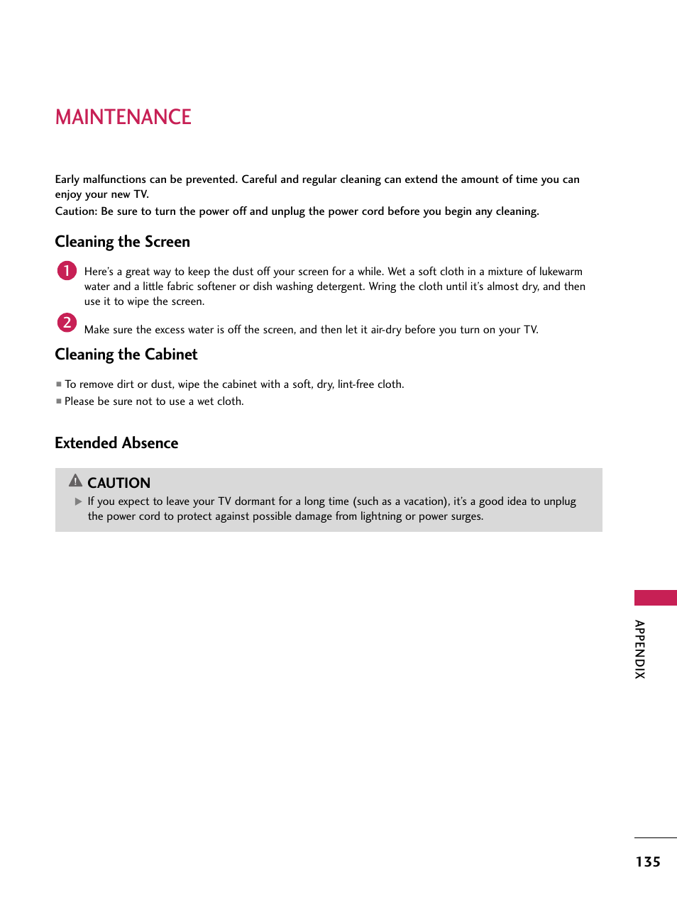 Maintenance, Cleaning the screen, Cleaning the cabinet | Extended absence | LG 60PB4D User Manual | Page 136 / 152