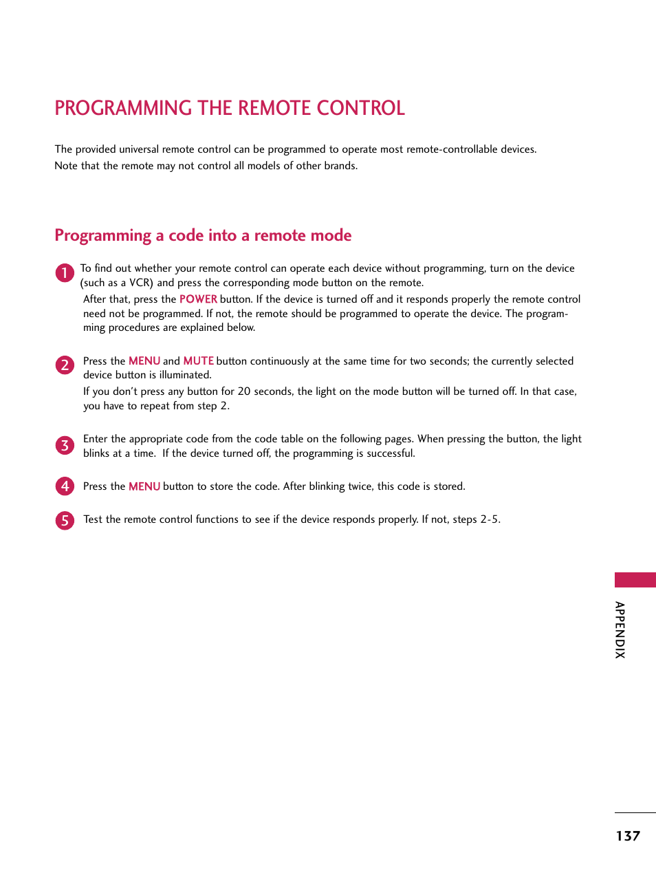 Programming the remote control, Programming a code into a remote mode | LG 60PB4D User Manual | Page 138 / 152
