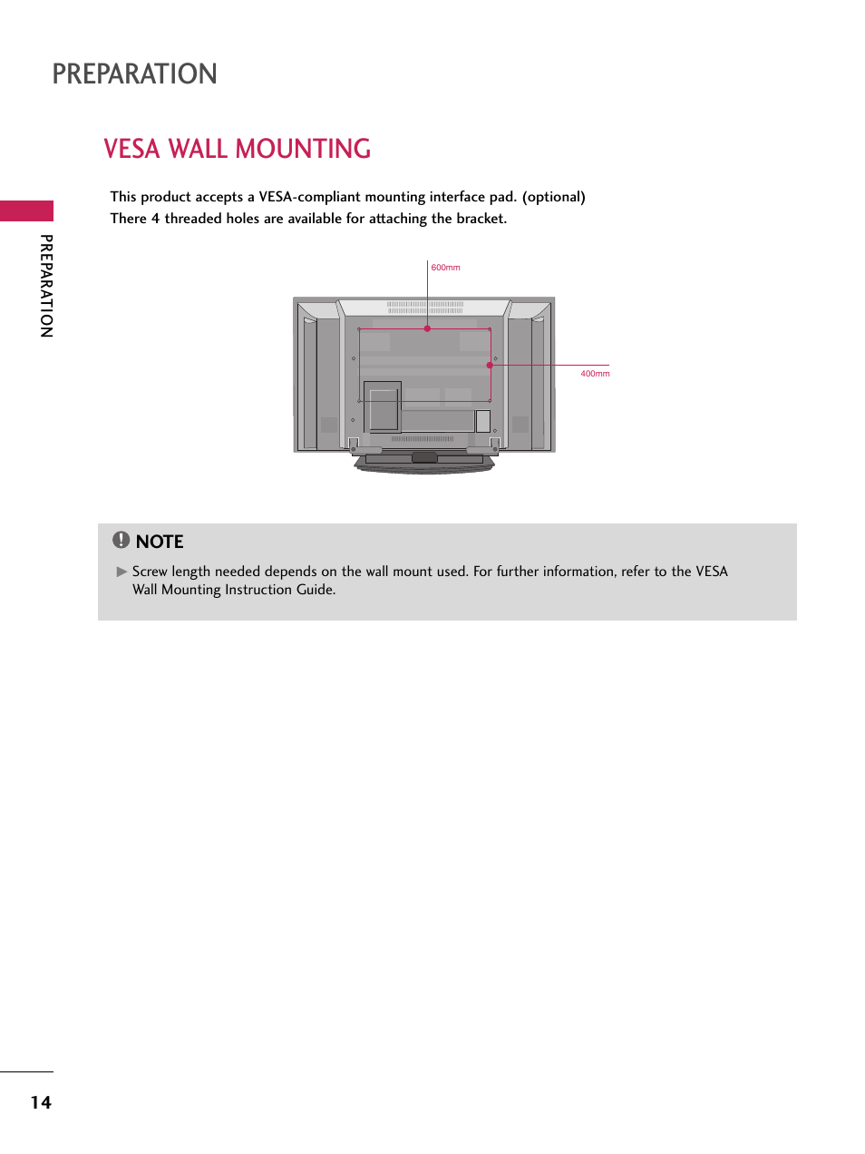Vesa wall mounting, Preparation | LG 60PB4D User Manual | Page 15 / 152