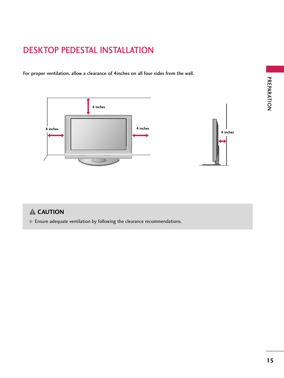 Desktop pedestal installation, Caution | LG 60PB4D User Manual | Page 16 / 152
