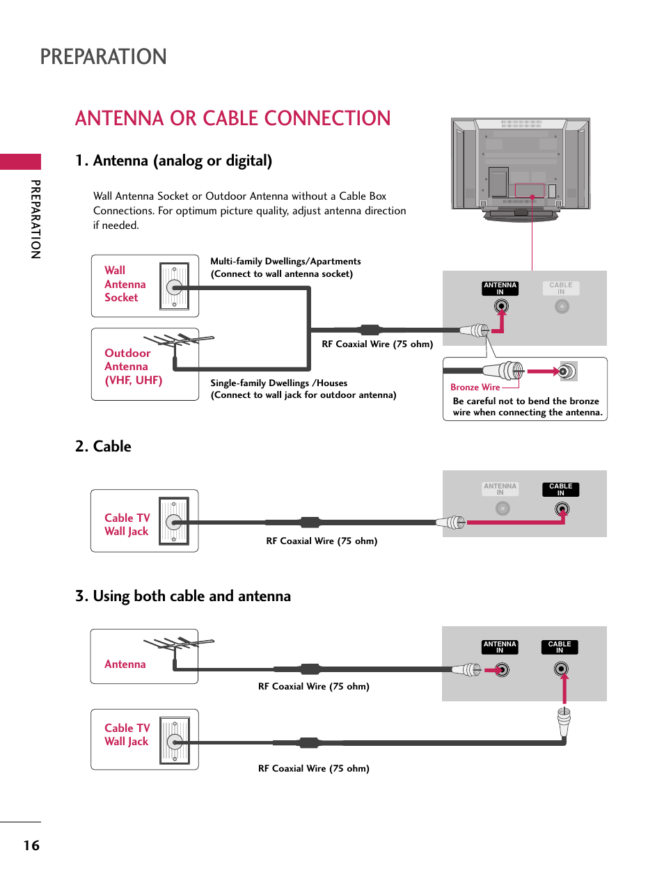 Antenna or cable connection, Preparation, Antenna (analog or digital) | Cable 3. using both cable and antenna, Prep ar a tion | LG 60PB4D User Manual | Page 17 / 152