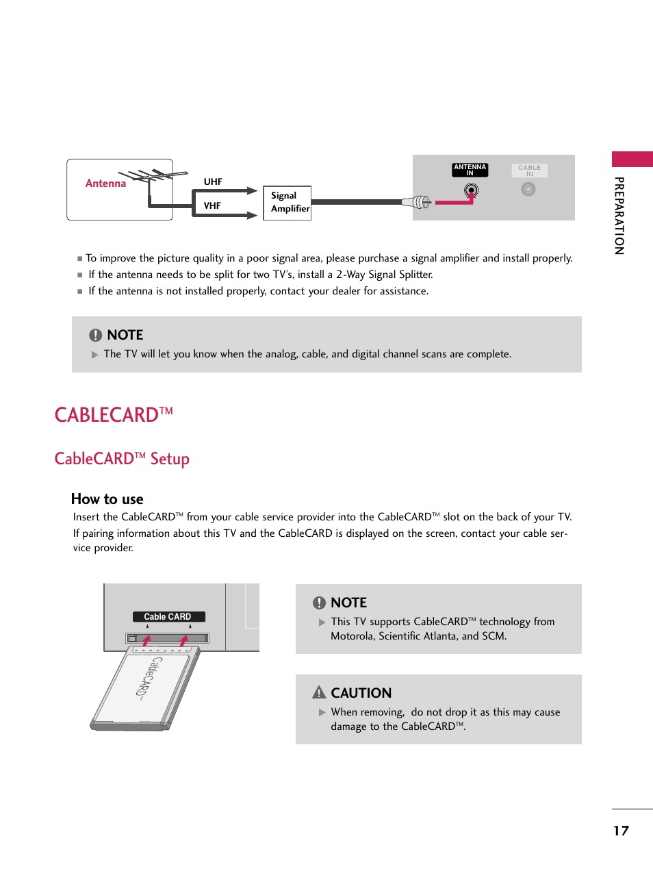 Cablecard, Cablecard setup, Setup | How to use, Caution, Prep ar a tion | LG 60PB4D User Manual | Page 18 / 152