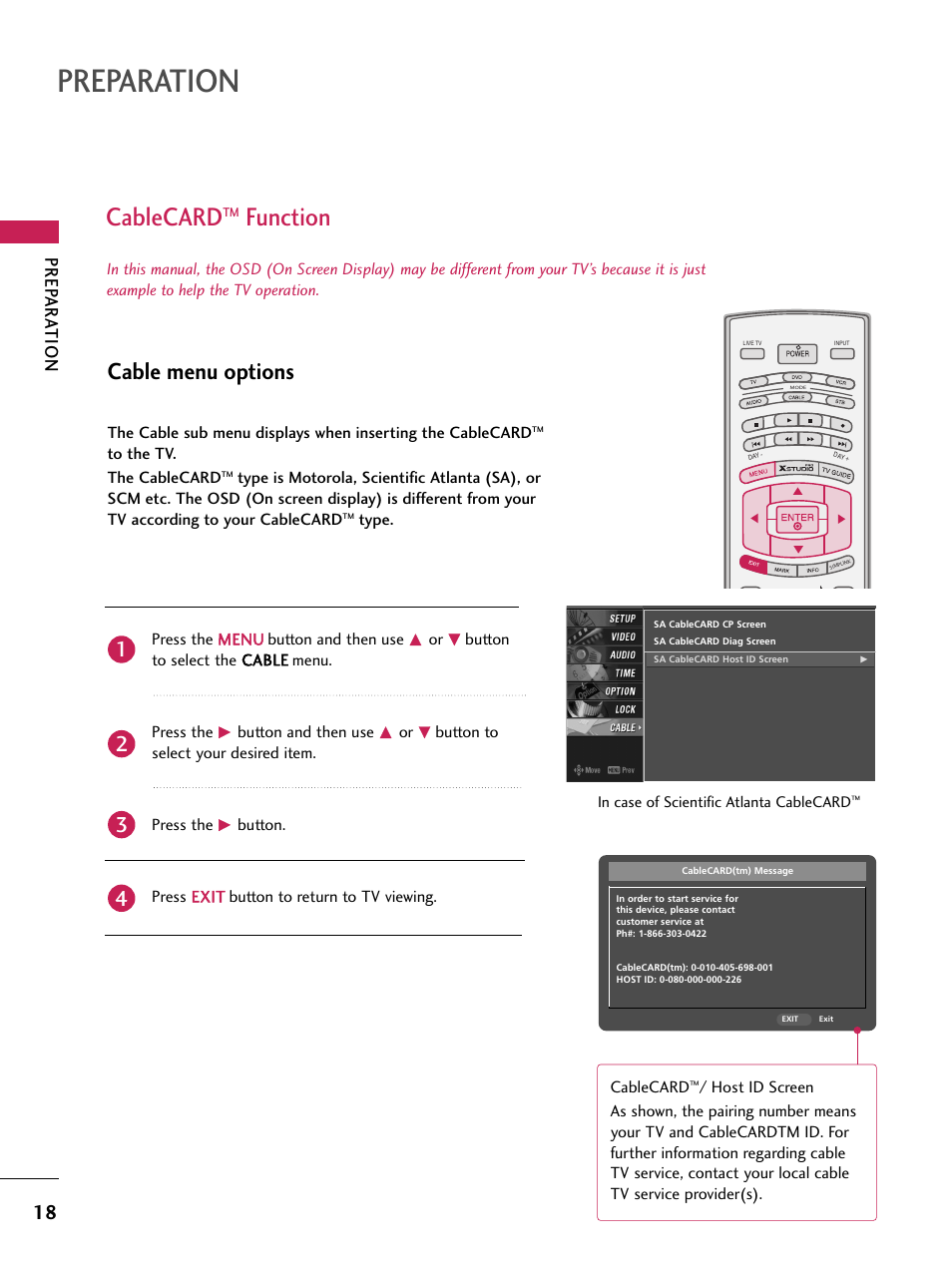 Cablecard function, Preparation, Cablecard | Function, Cable menu options, Prep ar a tion | LG 60PB4D User Manual | Page 19 / 152
