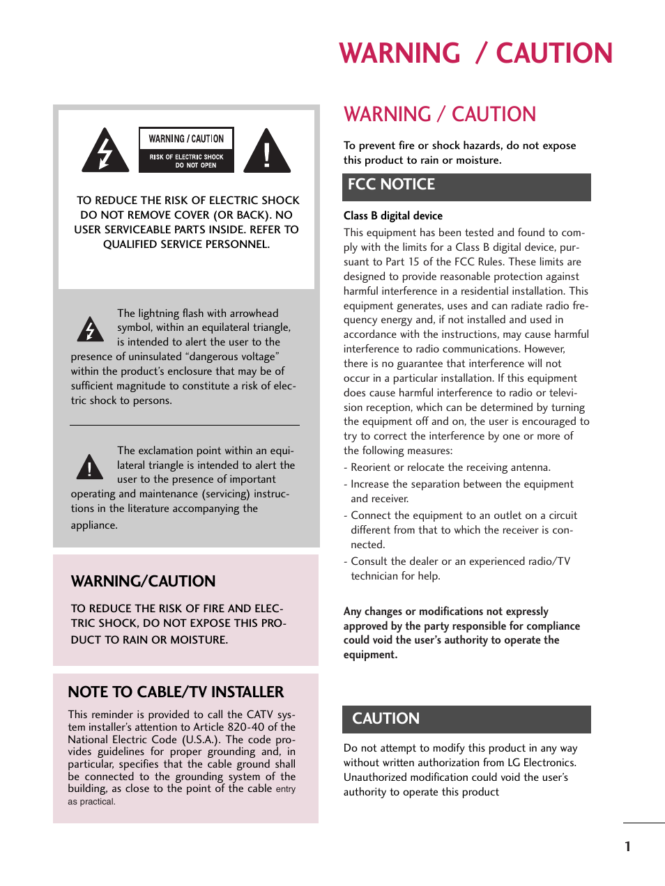 Warning / caution, Fcc notice, Caution | Warning/caution | LG 60PB4D User Manual | Page 2 / 152
