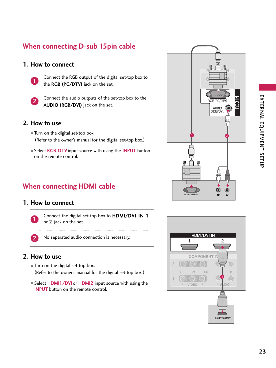 When connecting d-sub 15pin cable, When connecting hdmi cable, How to connect 2. how to use | LG 60PB4D User Manual | Page 24 / 152