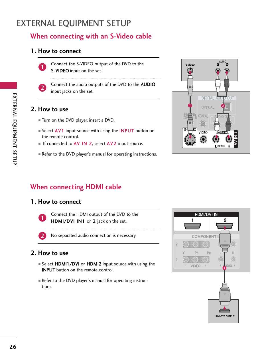 When connecting with an s-video cable, When connecting hdmi cable, External equipment setup | How to connect 2. how to use | LG 60PB4D User Manual | Page 27 / 152
