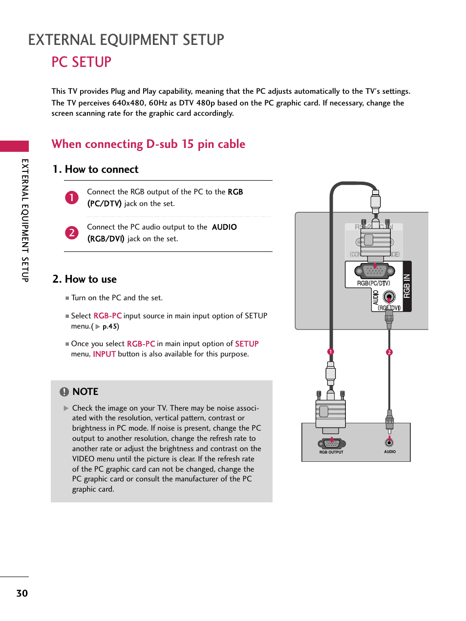 Pc setup, When connecting d-sub 15 pin cable, External equipment setup | How to connect 2. how to use, External eq uipment setup | LG 60PB4D User Manual | Page 31 / 152