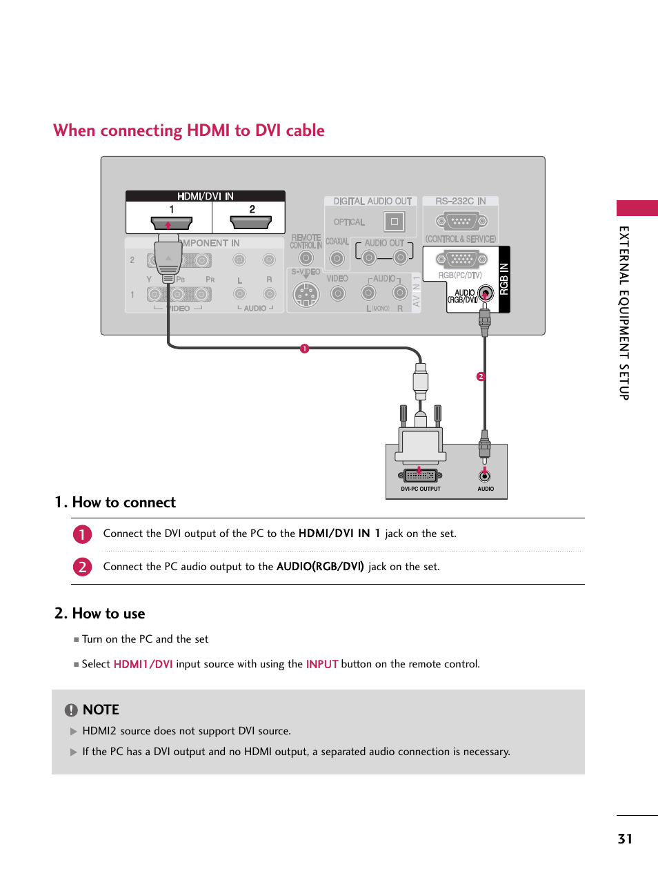 When connecting hdmi to dvi cable, How to connect, How to use | External eq uipment setup | LG 60PB4D User Manual | Page 32 / 152
