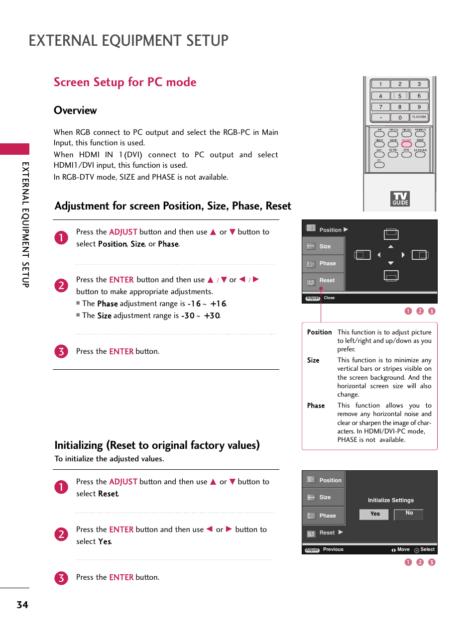 Screen setup for pc mode, External equipment setup, Overview | Adjustment for screen position, size, phase, reset, Initializing (reset to original factory values), External eq uipment setup | LG 60PB4D User Manual | Page 35 / 152